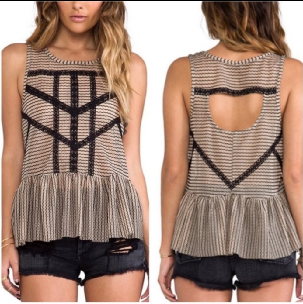 Free People Taupe Tan Black Sleeveless Lace Crochet Peplum Cutout back Top S